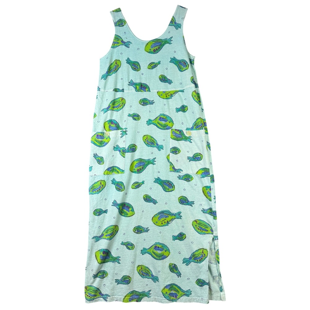 Fresh Produce Vintage Fish Print Cotton Maxi Dress Mint Green Pockets Large 1070